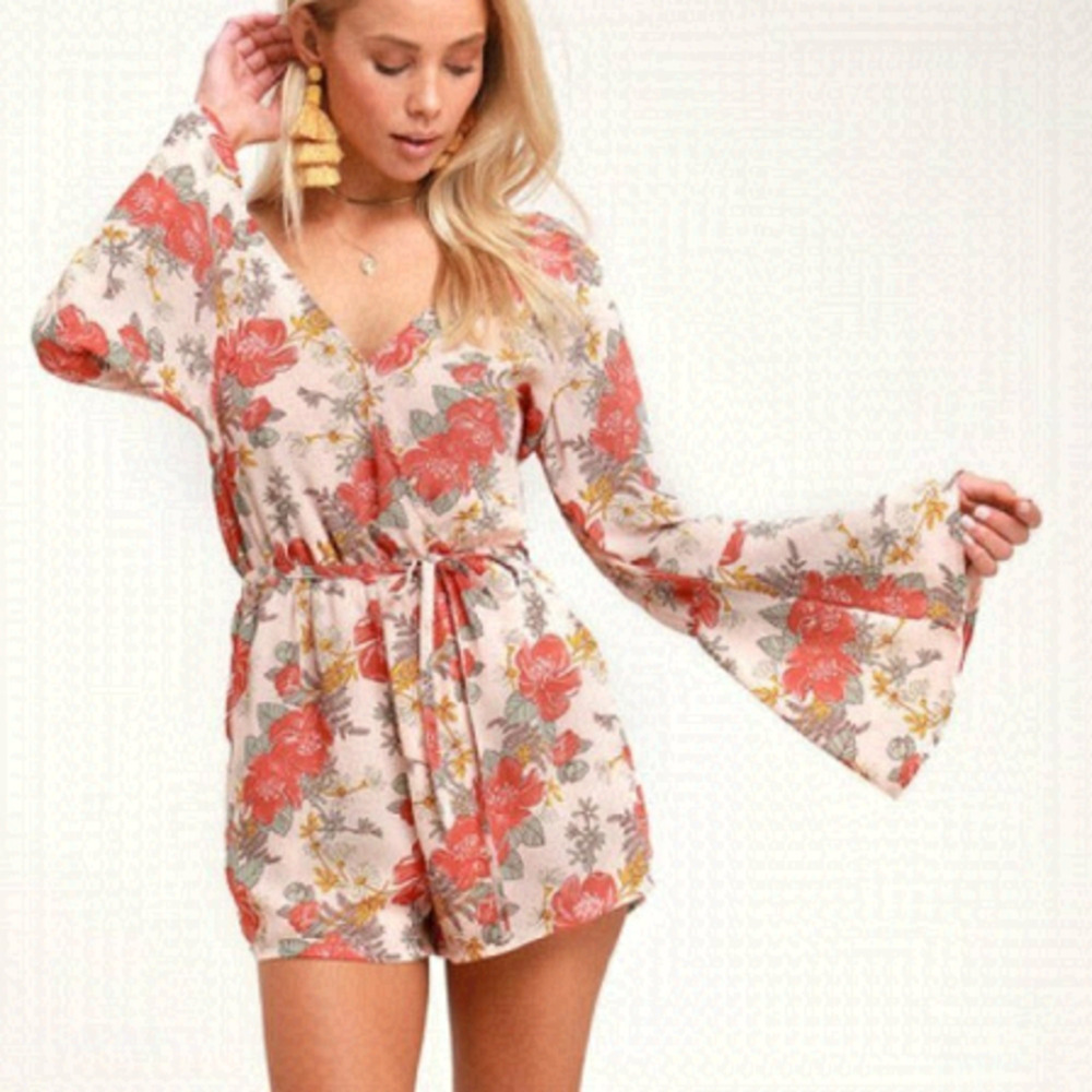 Lulus Always Thriving Blush Pink Floral Print Bell Sleeve Romper
